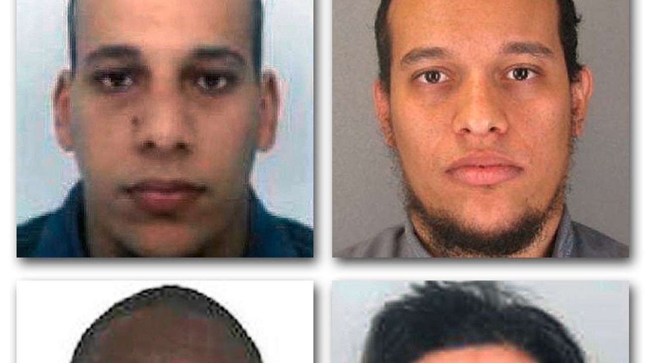 Útočníci: Chérif Kouachi (vľavo hore), Said Kouachi (vpravo hore), Amedy Coulibaly (vľavo dolu), Hayat Boumeddiene (vpravo dolu).