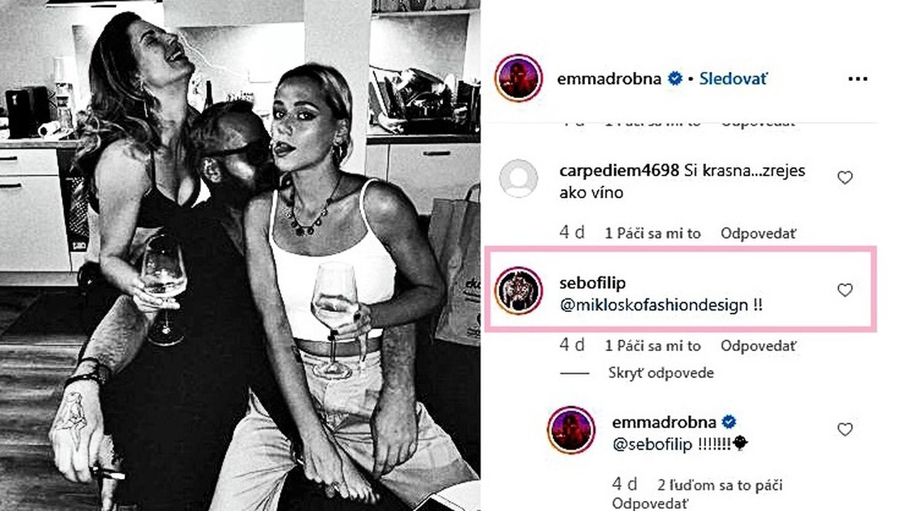 Šebo na instagrame žiarlivo napomenul návrhára Fera Miloška, laškujúceho s Drobnou.