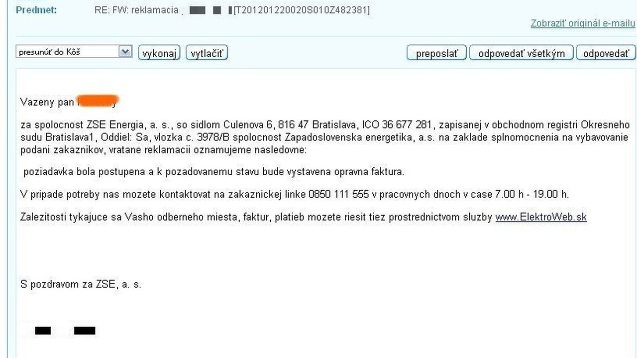 Medzi zákazníkom a elektrárňami prebiehala intenzívna mailová komunikácia - bezvýsledne.