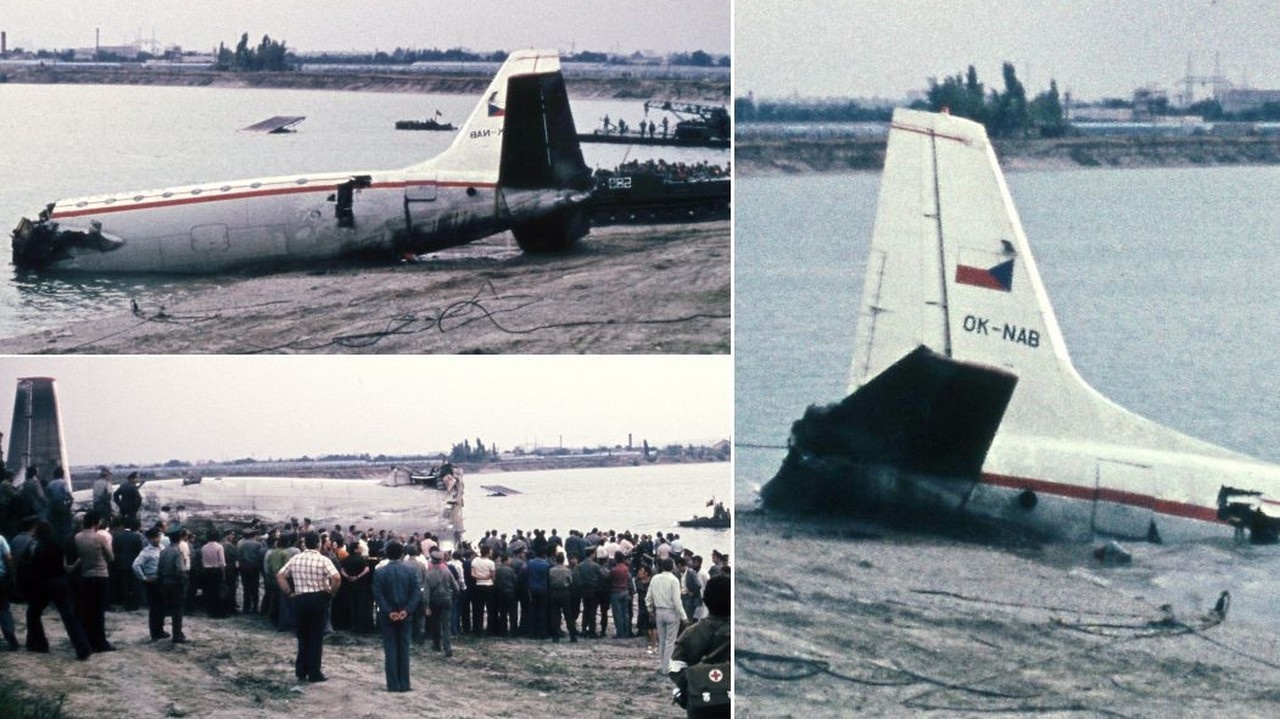 Na palube lietadla IL-18, ktoré sa zrútilo na bratislavské prírodné kúpalisko Zlaté piesky, zahynulo 76 ľudí. Na snímke pri brehu už bolo vidieť identifikačné znaky a československú vlajku na zadnom krídle.