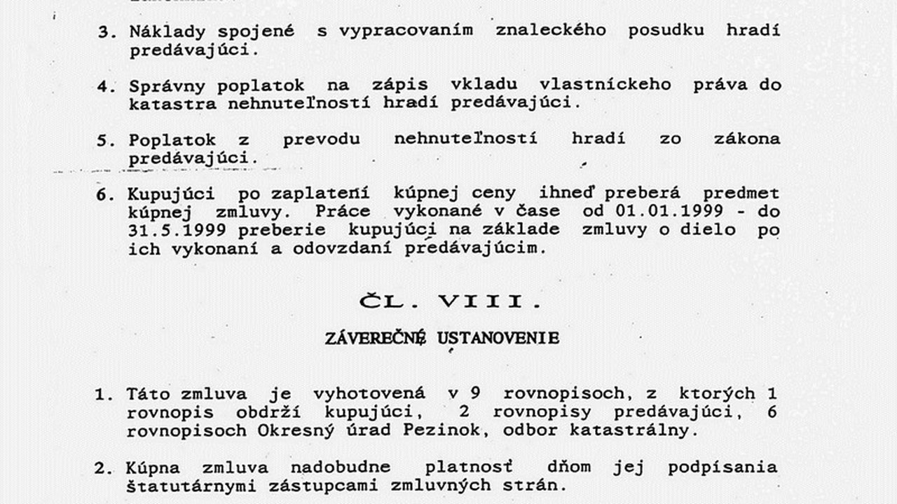 Kúpnopredajnú zmluvu podpísanú obomi manželmi Gašparovičovcami.