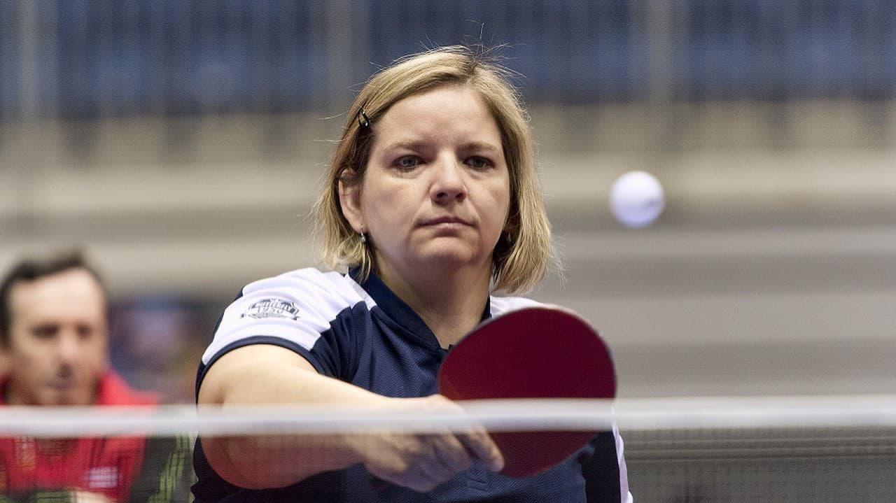 Na snímke Alena Kánová (Slovensko) počas zápasu ženskej štvorhry kategórie TF5 Slovensko - Srbsko v skupinovej fáze na majstrovstvách sveta družstiev.