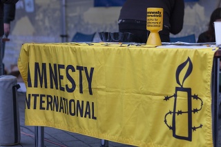 Brno, Czech Republic - November 17, 2019: Tent of Activists of Amnesty International on celebration 30 years of Velvet Revolution at Liberty Square on November 17, 2019 Brno, Czech Republic