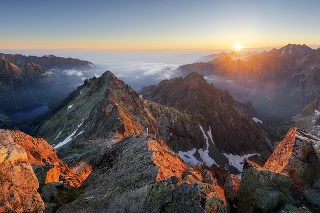 Mountain sunset panorama landscape in Tatras, Rysy, Slovakia.