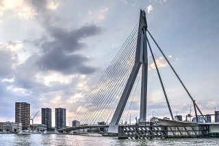 Rotterdam, The Netherlands, July 16, 2018: Erasmmus Bridge, icon of the city, under a beautiful evening sky
