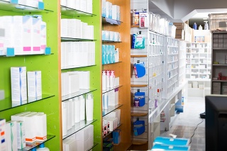 Farmacy interior with pharmaceutical products and medicine in cabinets