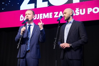 Volebná noc PS/Spolu, na fotke lídri Beblavý a Truban.