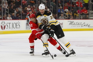 Kapitán Bostonu Bruins Zdeno Chára (vpravo) a hokejista Detroitu Red Wings Valtteri Filppula bojujú o puk.