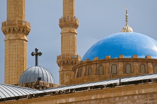 The rooftops of the St. George Orthodox Cathedral and the Mohammad Al-Amin Mosque minutes after a rainstorm in Beirut, Lebanon