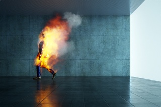 Burning businessman in the office. This is entirely 3D generated image.
