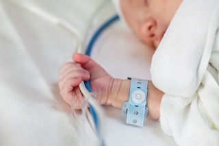 Close-up of a caucasian newborn baby holding life-support hoses and cables tight in his had with wrist nametag while sleeping in a hospital bed.