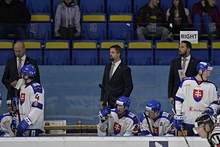 Na snímke striedačka slovenskej hokejovej reprezentácie do 20 rokov, uprostred tréner Róbert Petrovický.