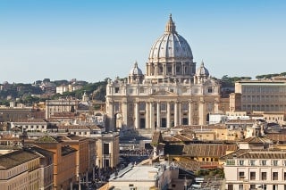 The Papal Basilica of Saint Peter in the Vatican. View from the upper level of Castel San't Angelo, Rome, Italy