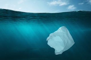 Plastic bag in the ocean with copy space