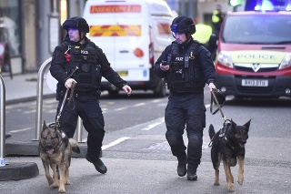 Polícia so psami na ulici Cannon Street neďaleko mosta London Bridge