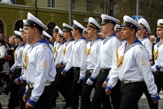 UKRAINE. MARIUPOL - SEPTEMBER 30, 2018: Mariners marching along the central avenue on the day of the celebration of the City Day.