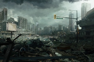 A cinematic cityscape depicting a destroyed city.  