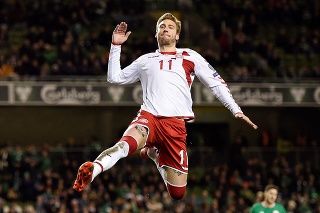 Nicklas Bendtner v drese dánskej reprezentácie.