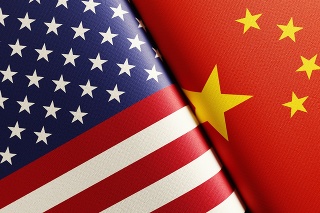 American and Chinese flag pair. Horizontal composition with copy space and selective focus.