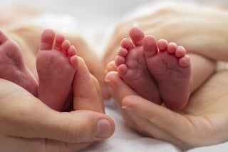 Portrait showing parents' hands and babies' feet.