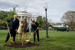 Macron s Trumpom v záhrade Bieleho domu zasadili vlani strom.