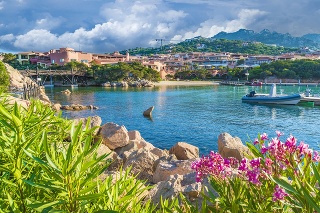 View of harbor and village Porto Cervo, Olbia Tempio region, Sardinia island, Italy