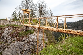 Kalameny, Slovakia - May 8, 2015: Wooden bridge at ruins of Liptov castle.