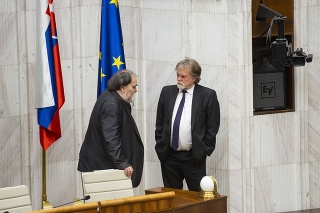 Poslanci Miroslav Číž (vľavo) a Dušan Jarjabek (obidvaja Smer-SD) počas hlasovania v tajnej voľbe o kandidátoch na ústavných sudcov 