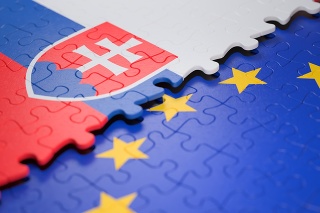 Flag of the Slovakia and the European Union in the form of puzzle pieces in concept of politics and economic union.