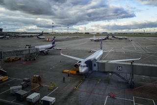Moscow, Sheremetyevo airport, Russia - October 21, 2017: view of aircraft parking near terminals