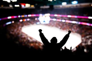 Fans celebrating at a hockey game/winter game.