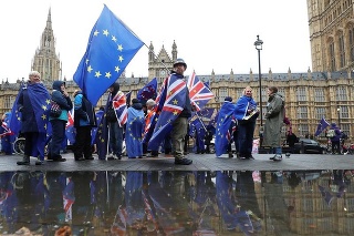 Odporcovia brexitu protestujú oproti Parlamentu v Londýne.