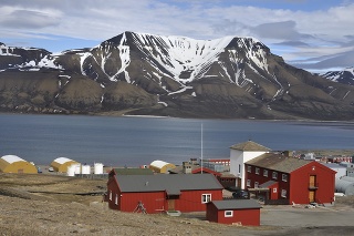 View from Longyearbyen across the fjord. Harbor buildings in the foreground. Longyearbyen, Svalbard, Norway.The world's most northerly city.Similar images: