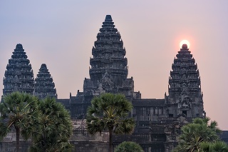 Sun rising behind the right tower, Angkor Wat, Cambodia. Nikon D810. Great Detail. Converted from RAW.