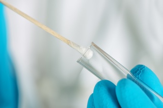 Cotton swab and DNA test tube, macro image of medical equipment in hands of healthcare professional