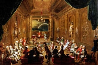 Rituály: Maľba z roku 1784 zachytáva zasvätenie do viedenskej slobodomurárskej lóže za účasti W. A. Mozarta (sediaci úplne vľavo).