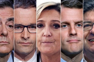 Prezidentskí kandidáti (zľava doprava)  Francois Fillon, Benoit Hamon, Marine Le Pen, Emmanuel Macron, Jean-Luc Melenchon, Parti de Gauche.