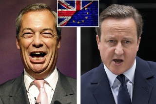 Zástanca brexitu Nigel Farage (vľavo) a britský premiér David Cameron.