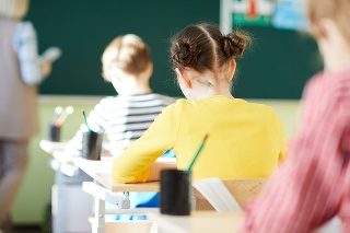 Rear view of school students in casual clothing sitting at desks and writing in workbooks while listening to teacher at blackboard during lesson