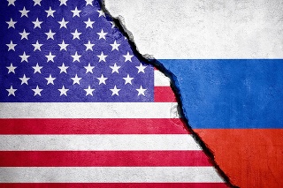USA and Russia conflict. Country flags on broken wall. Illustration.