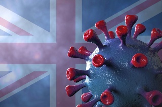 Covid british and england variant, covid-19 virus with english flag.