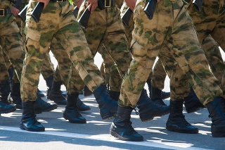Soldiers in dress uniform marching in the parade