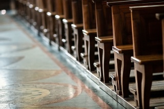 Church indoors, benches