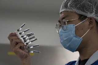 Zamestnanec kontroluje ampulky s vakcínou proti novému typu koronavírusu v závode farmaceutickej firmy  SinoVac v Pekingu.