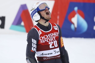 Slovenský lyžiar Adam Žampa  reaguje v cieli po 2. kole obrovského slalomu Svetového pohára v alpskom lyžovaní vo švajčiarskom Lenzerheide 20. marca 2021.