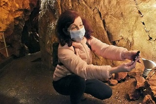 Biologička Zuzana pozoruje obojživelníky, ktoré už opúšťajú podzemie jaskyne.