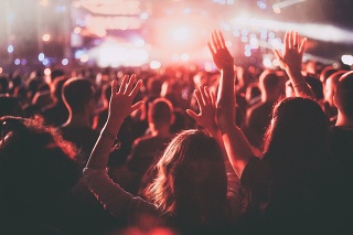 Back view of a crowded audience on a music festival with their arms raised.