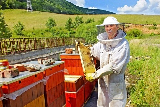 Včelár Tibor Vargapál pri svojich úľoch  neďaleko Hrhova (okres Rožňava)