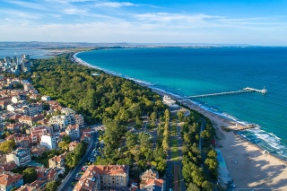 Wide aerial drone view over the sea garden in Burgas, Bulgaria. The scene is situated outdoors near sunset in Burgas, Bulgaria on the Black Sea shores. The photo is taken with DJI Phantom 4 Pro drone.