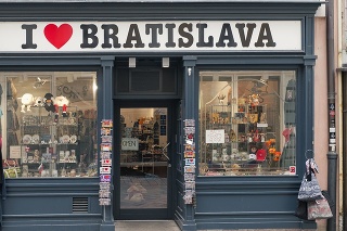 Bratislava, Slovakia - January 10, 2012: Postcards and souveniers on display at a tourist shop in Bratislava's historic Old Town.